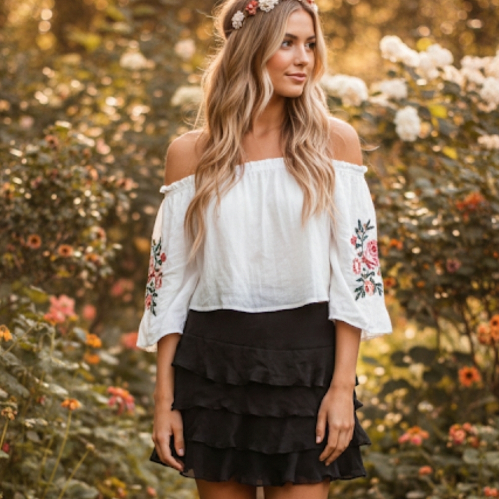 DREW Black Tiered Ruffle Chiffon Mini Skirt‎ Size 10 327